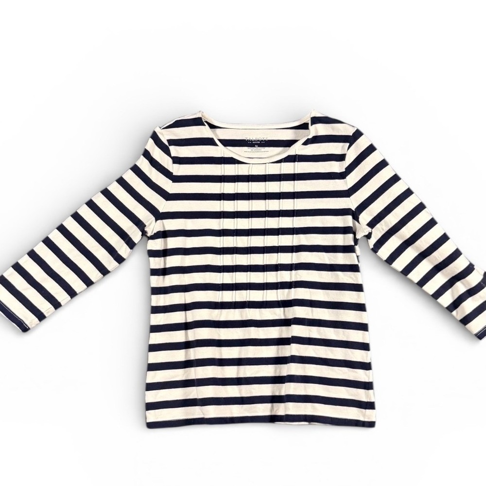Talbots Petites Navy Cream Striped‎ Long Sleeve Pleated Front Top Womens SP